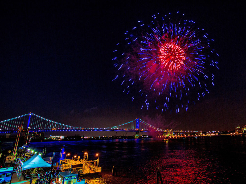 Fireworks over Penn's Landing in Philadelphia with the Ben Franklin Bridge in the Background