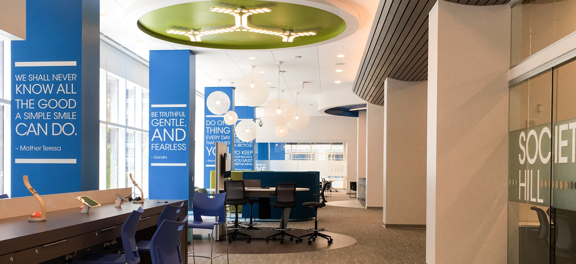 interior shot of independence live facility, with inspirational banners and seating