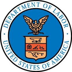 the United states department of labor seal, which is a ring with text surrounding a seal of an eagle and a ribbon. The text reads "department of labor, united states of america"