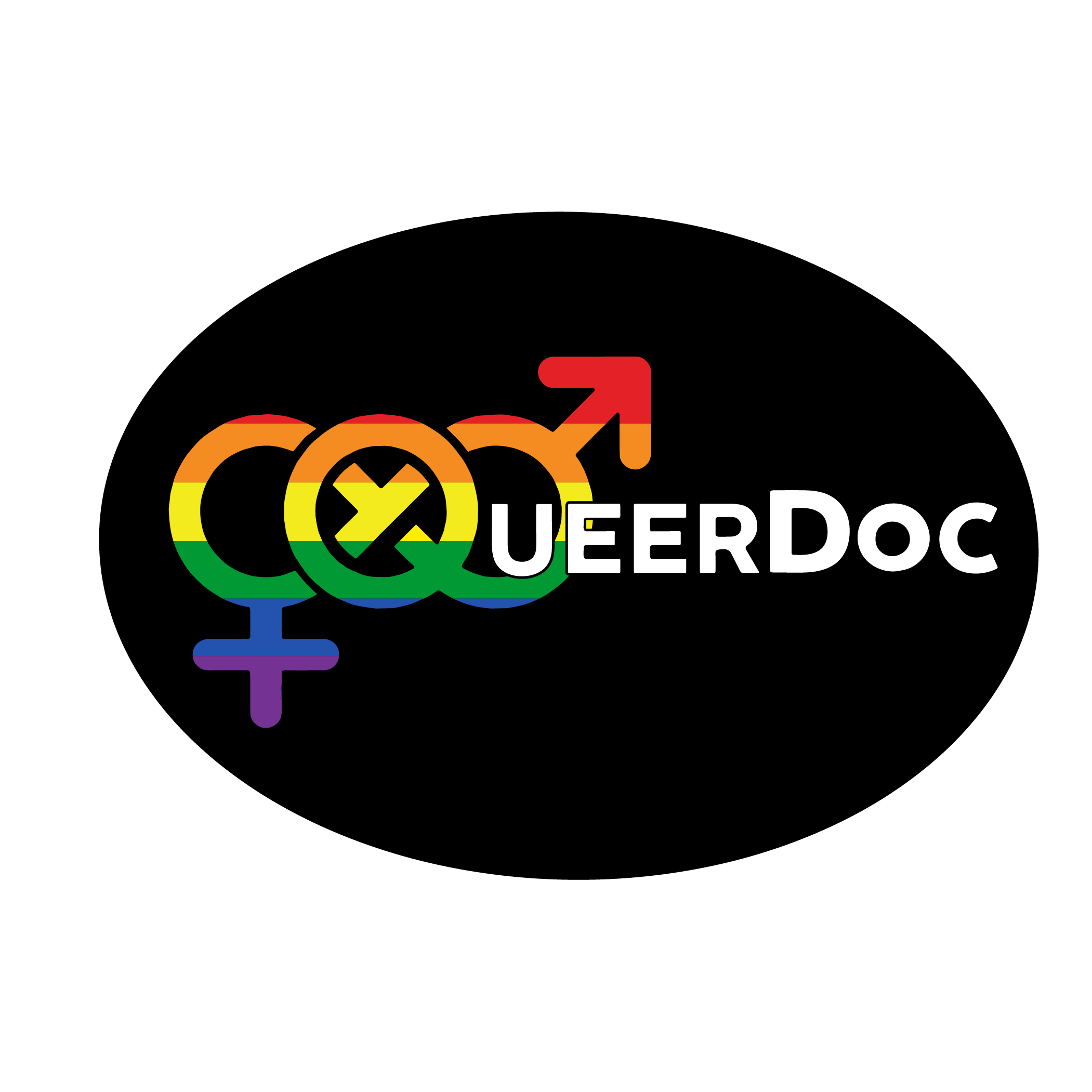 QueerDoc company logo, in an oval shape, black background and rainbow lettering displaying the signs for female and male. 