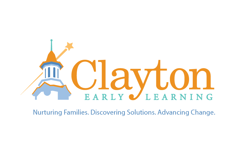 The Clayton Early Learning logo. Text reads: "Clayton Early Learning, nurturing families. discovering solutions. advancing change." To the left of the text is a simplified image of a shooting star passing behind a building.