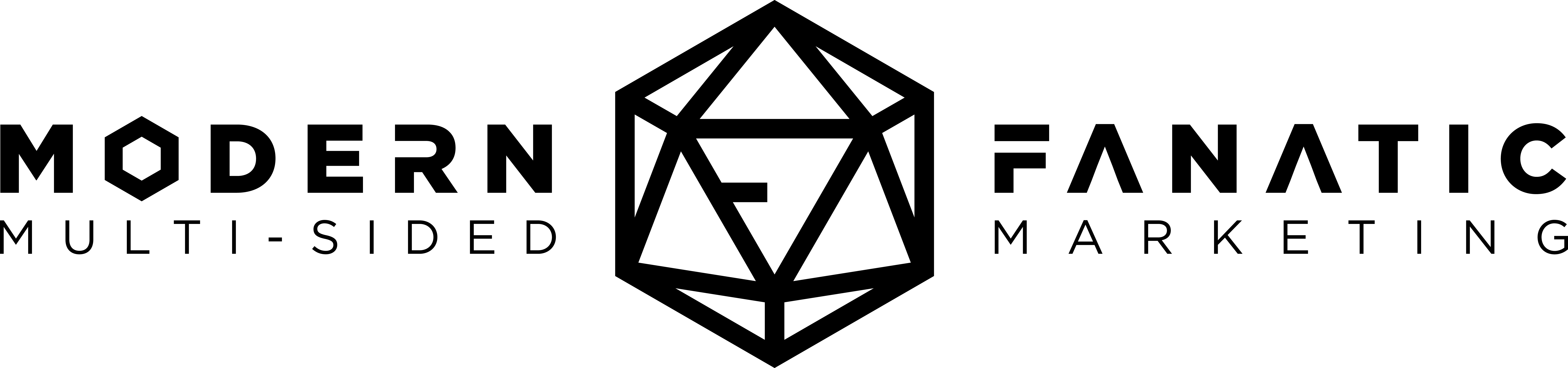 the modern fanatic logo, a line drawing of a multi-sided die is at the center, surrounded by linear black text which reads "Modern Fanatic; multi-sided marketing"