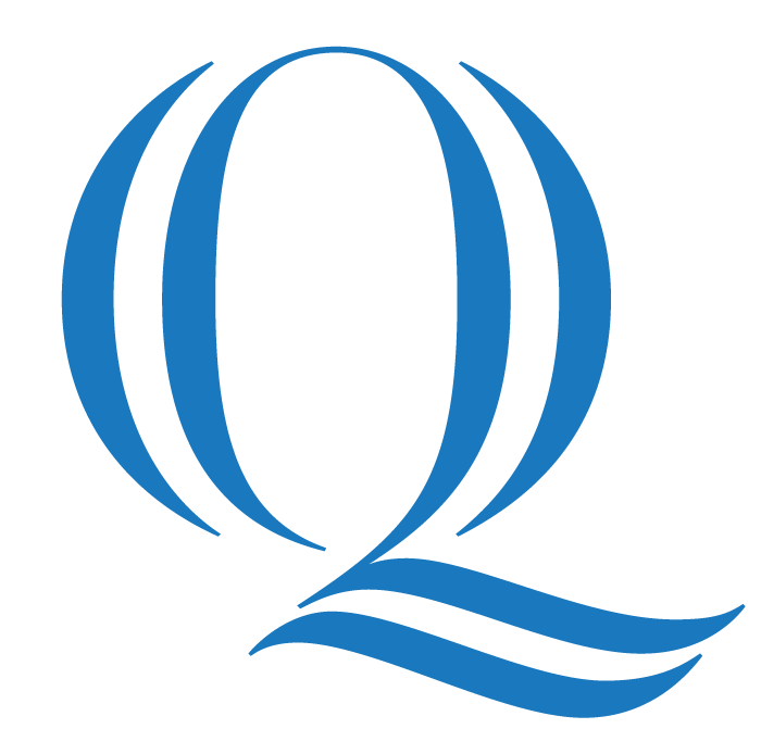 the quinnipiac university logo, a large, blue-colored letter 'q'