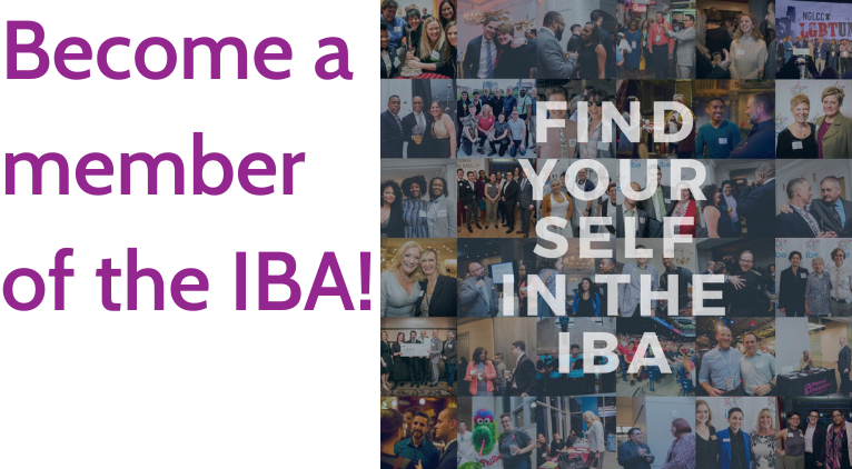 become a member of the IBA! the independence business alliance recruitment flier, a collage of images of people at business and networking events sits above the IBA logo. grey text in front of the images reads "find yourself in the IBA"