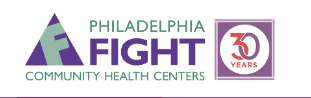 The Philadelphia FIGHT company logo. Green and purple text display the company name, next to a purple square that says "30 years" inside of it.