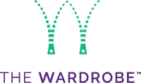 the wardrobe company logo, purple text reads "the wardrobe" below a stylized green letter W