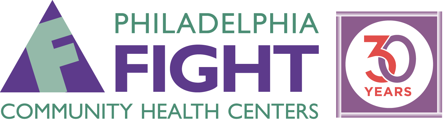 The Philadelphia FIGHT company logo. Green and purple text display the company name, next to a purple square that says "30 years" inside of it.