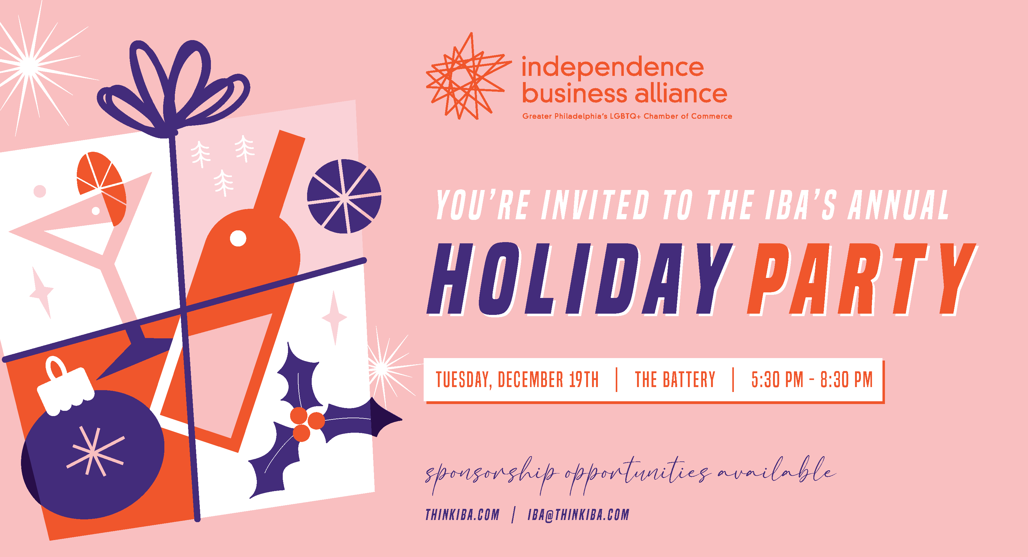 the event flyer for the IBA's annual holiday party. a light-pink colored background has simplistic graphics representing a variety of winter-time holidays. Blue, orange, and white text reads "You're invited to the IBA's Annual Holiday Party"