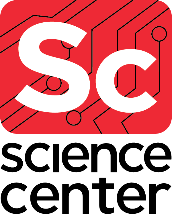 the Science Center logo. black text over a transparent bakground reads "science center." Above this text is a red rectangle with white letters "Sc" inside.