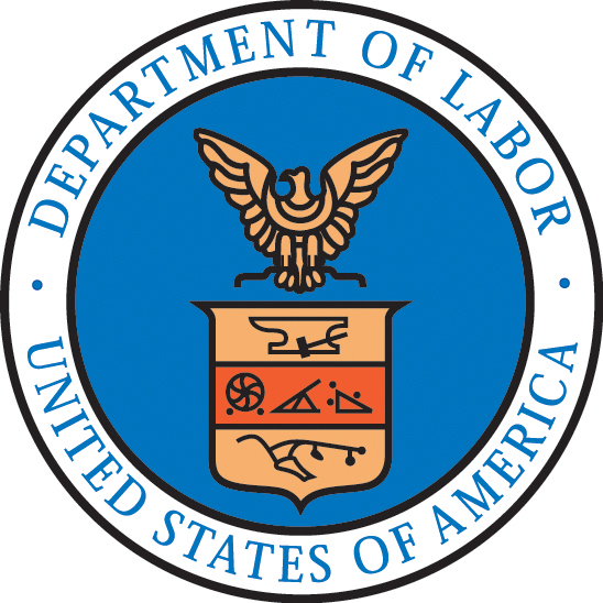 the department of labor seal. a blue background with an eagle and a crest are surrounded by text of the department name.