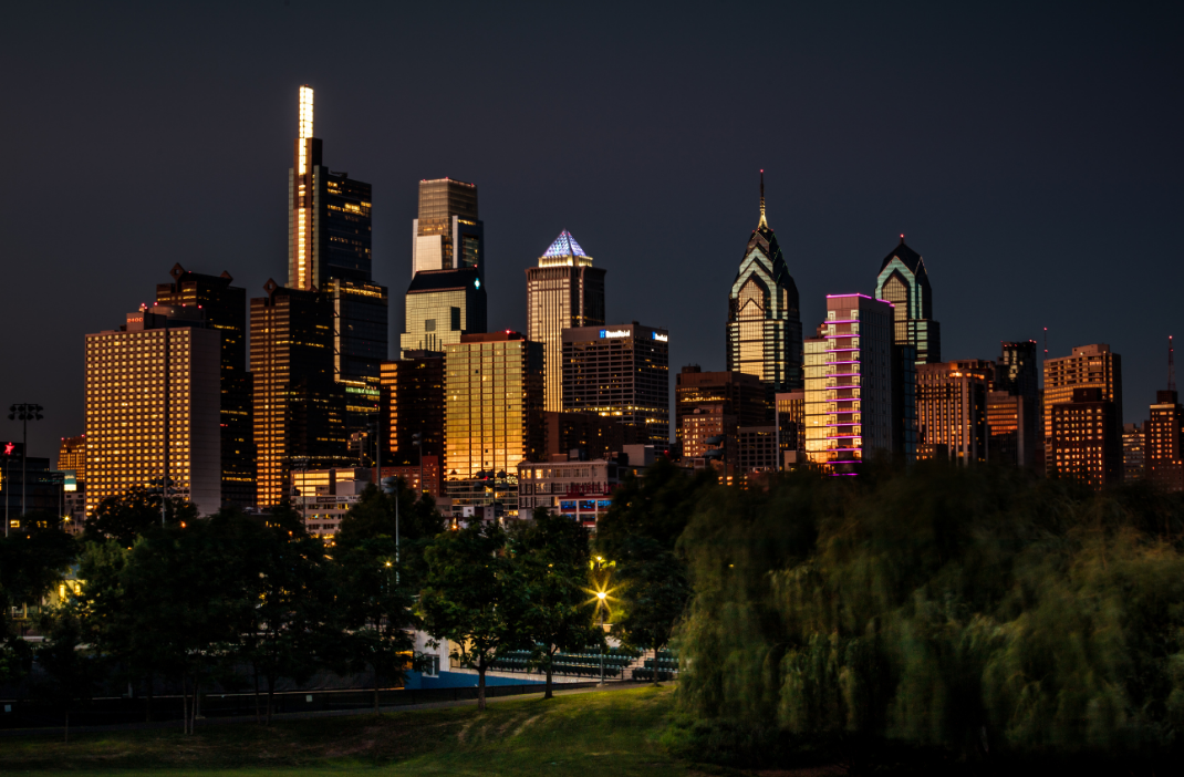 the Philadelphia skyline at night.
