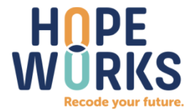 the hopeworks organization logo. Multicolor (dark blue, light blue, and orange) text reads "Hopeworks. recode your future"