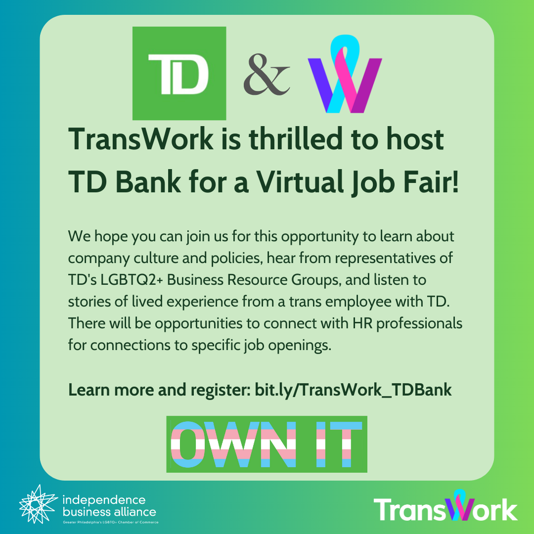 The event promo graphic for TransWork's virtual job fair with TD Bank.  A blue-green background with black text reads: "TransWork is excited to host TD Bank for a Virtual Job Fair on November 9th!   Join us from 12-1pm (EST), on Zoom. Meeting details will be shared with all who register prior to the event. Learn more and register: bit.ly/TransWork_TDBank! 