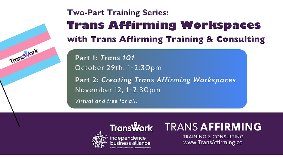 a graphic with a trans flag and purple text repeating the information above; "Two-Part Training Series with Trans Affirming Training and Consulting"