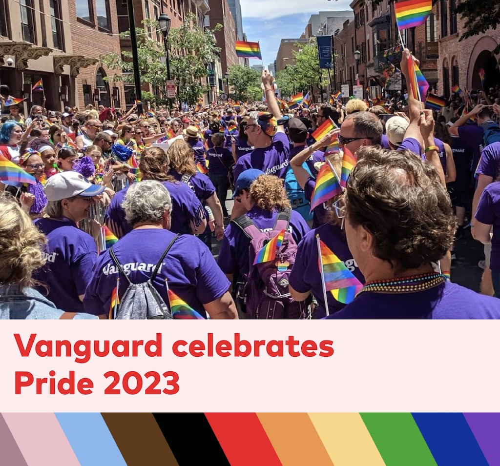 Vanguard's 2023 Pride Parade advertisement. The top two-thirds of the image show a crowd with pride flags walking away from the camera, and below them there is a band with text reading "Vanguard celebrates Pride 2023" and the colors of the pride flag.