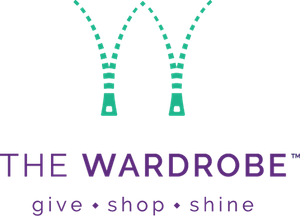 A transparent background with text that reads "THE WARDROBE. give, shop, shine" below an arch made-up of small sectioned dots.