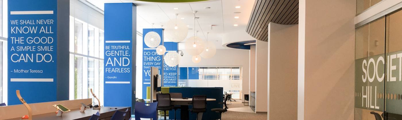 interior shot of independence live facility, with inspirational banners and seating