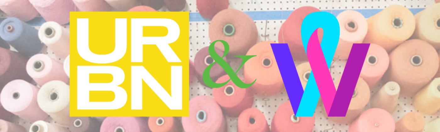 the URBN and TransWork logos in front of a background image of spools of yarn on a wall.