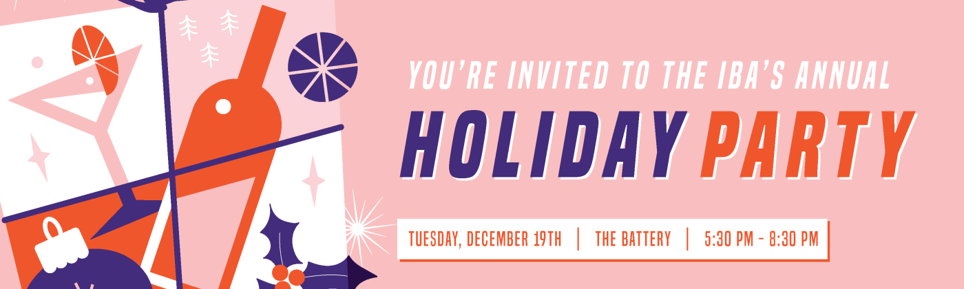 the event flyer for the IBA's annual holiday party. a light-pink colored background has simplistic graphics representing a variety of winter-time holidays. Blue, orange, and white text reads "You're invited to the IBA's Annual Holiday Party"