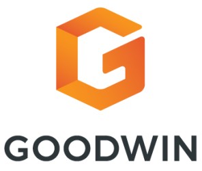 a white background with a large orange "G", and black text that reads "goodwin" below it.