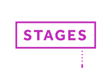a white background with a purple rectangle, surrounding purple text, which reads "Stages"