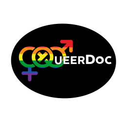 QueerDoc company logo, in an oval shape, black background and rainbow lettering displaying the signs for female and male. 