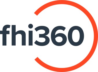 FHI 360 company logo, name of company in center and a half circle in orange around the name.
