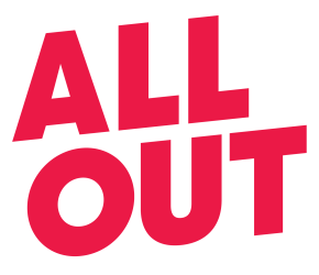 the All Out company logo, large red text reads "ALL OUT"