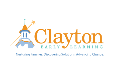 The Clayton Early Learning logo. Text reads: "Clayton Early Learning, nurturing families. discovering solutions. advancing change." To the left of the text is a simplified image of a shooting star passing behind a building.