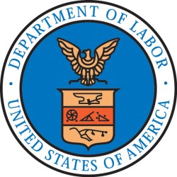 the seal of the U.S. Department of Labor. A white ring with blue text reads United States of America Department of Labor, surrounding a blue circle that features an eagle and a flag.