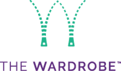 the wardrobe company logo, purple text reads "the wardrobe" below a stylized green letter W