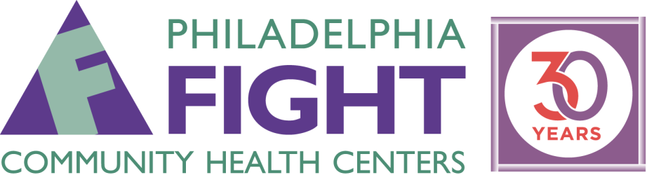 The Philadelphia FIGHT company logo. Green and purple text display the company name, next to a purple square that says "30 years" inside of it.