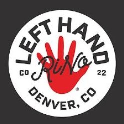 the logo for Left Hand Brewery. it is a black square covered almost entirely by a white circle, and inside the white circle is a red handprint. Black text inside the circle reads "Left Hand Co 22, Denver, CO, RiNo, 