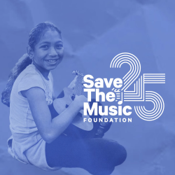 a blue-tinted square photo of a young person sitting with a guitar in their lap, smiling at the camera. white text reads "Save the Music Foundation 25"