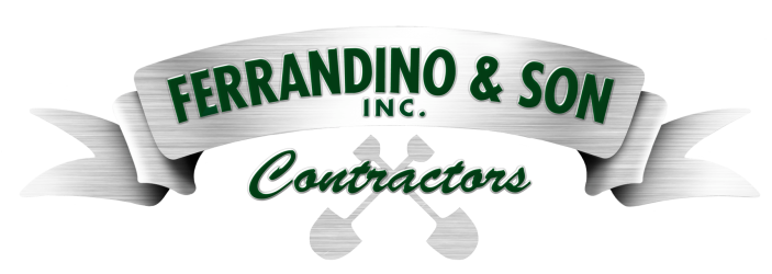 the Ferrandino and Son company logo. a transparent background is covered with a silver ribbon, and dark-green text written on the ribbon reads "Ferrandino & Son Contractors"