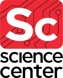 the Science Center logo. black text over a transparent bakground reads "science center." Above this text is a red rectangle with white letters "Sc" inside.