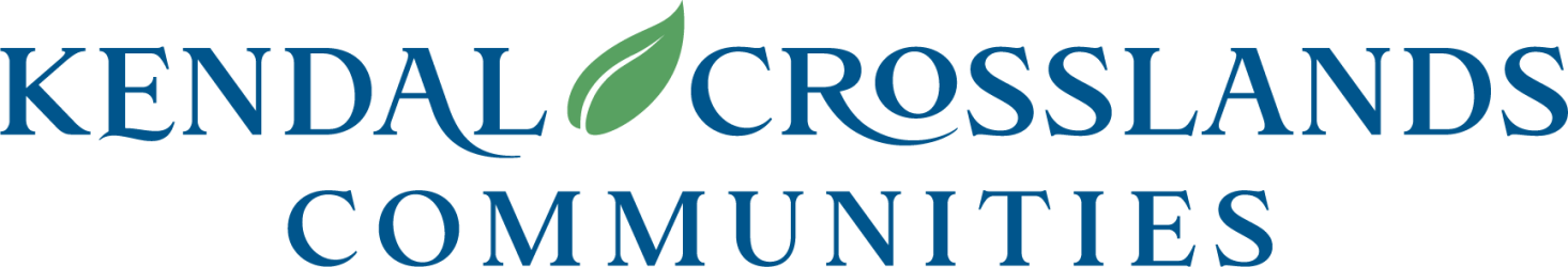 Kendal Crosslands Communities logo in spelling out Kendal Crosslands Communities in blue font with a green leaf
