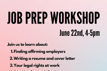 the job prep workshop flier. Black text over a colorful background reads "Job Prep Workshop, June 22nd, 4-5pm. Join us to learn about: 1. finding affirming employers, 2. writing a resume and cover letter, 3. your legal rights at work, 4. dressing for work and business." the footer reads: "thank you to our partner organizations for making this event possible: the Mazzoni center and the wardrobe."